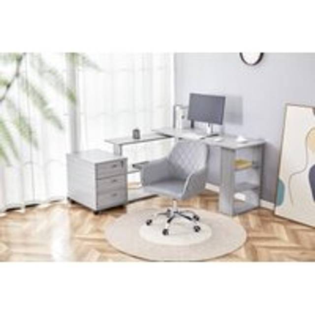 Kosy Koala Grey Office Desk L-shaped with Grey Velvet Upholstered Chair and Storage Drawers, Multi