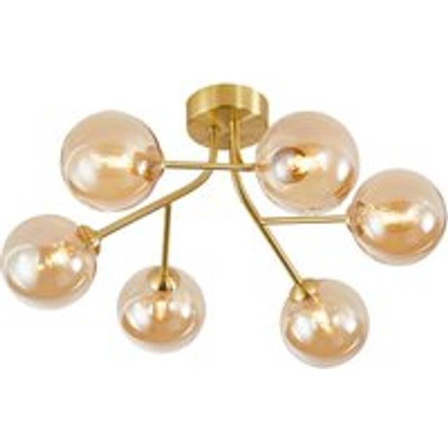 Designer satin gold 6-arm ceiling light fixture with amber tinted glass shade...