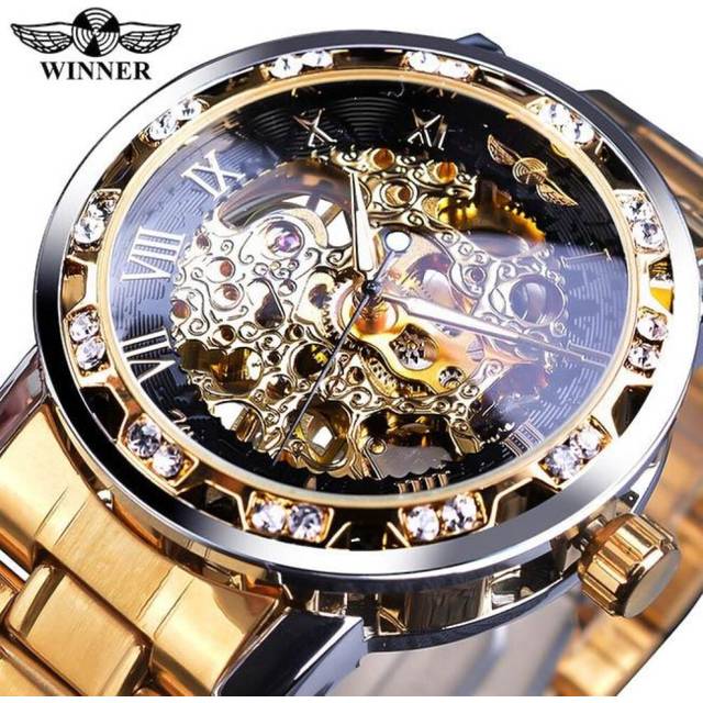 WINNER 2019 Fashion Military Watch Men Auto Mechanical Skeleton Dial Copper Stainless Steel Strap Mens Watches Top Brand Luxury