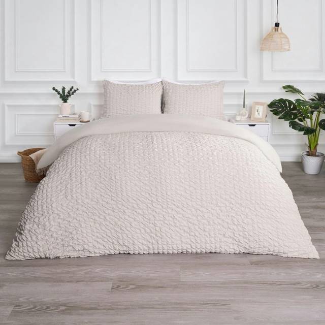 Luxury Seersucker Duvet Cover Set Geo Pillowcase Quilt - Natural - King