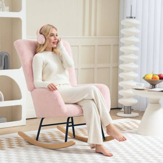 HOMCOM Rocking Chair, Modern Armchair w/ Backrest for Bedroom, Light Pink, Pink