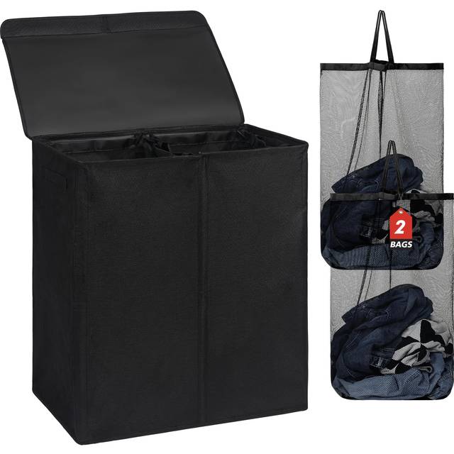 DOKEHOM 150L Double Laundry Basket with Lid and Removable Laundry Bags  Large Collapsible Laundry Hamper with 2 Sections for Bedroom  Bathroom  Laundr