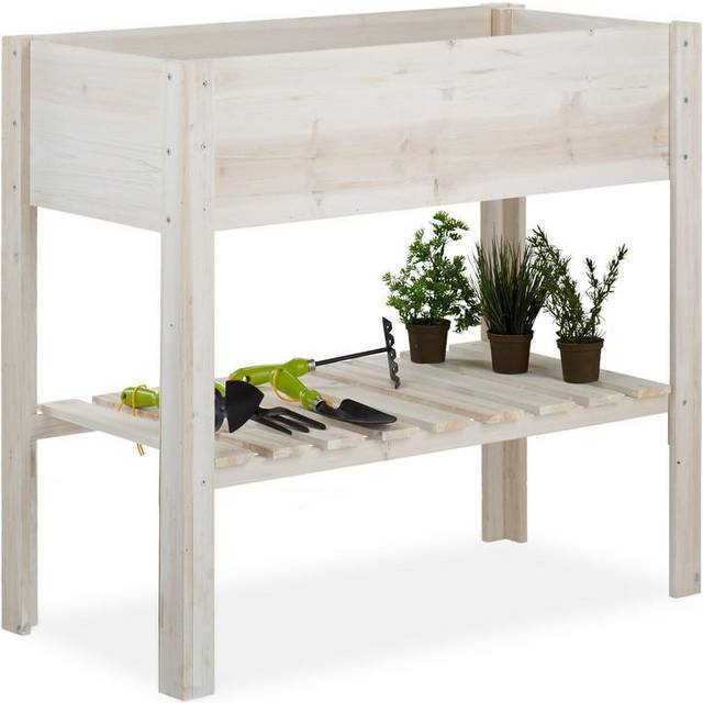 Relaxdays - Raised Planter, Balcony, Patio & Garden, Wood, With Shelf, Back-protecting, hwd: 80x88x44 cm, Herbal, White