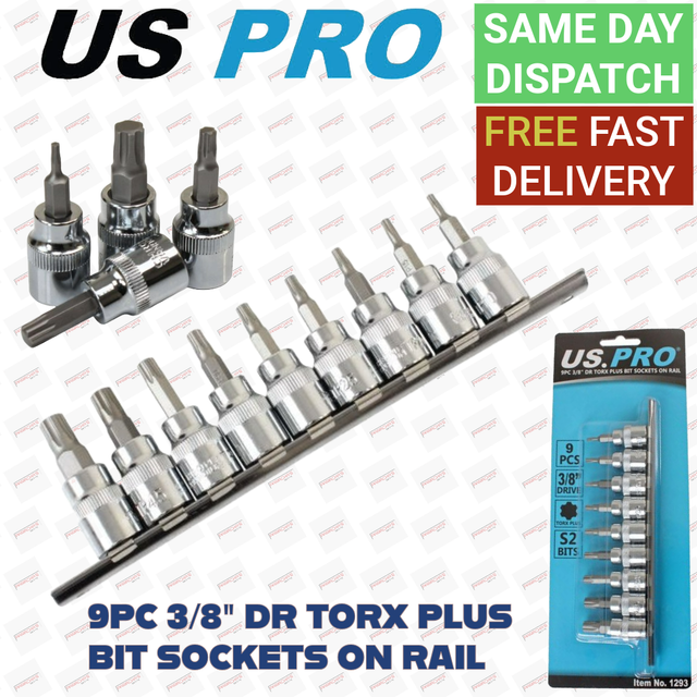 "US PRO Tools 9pc 3/8"" DR Torx Plus Bit Sockets On Rail TP10 - TP50 1293"
