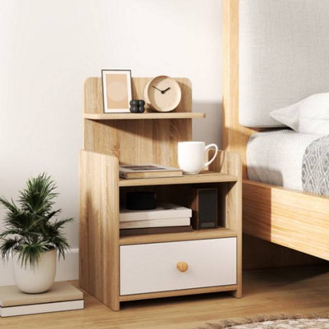 Homcom Bedside Table With Drawer For Bedroom, Living Room, Natural Wood Effect