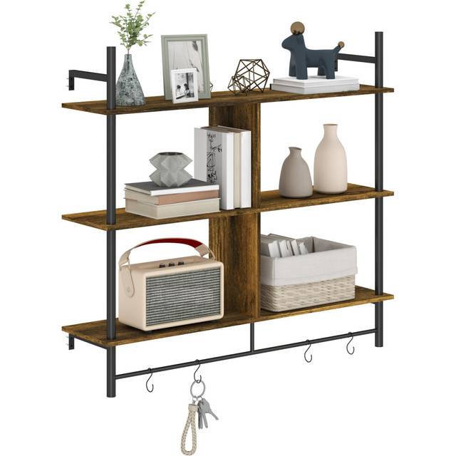HOMCOM Wall Shelf Unit with 4 Hooks for Living Room - Rustic Brown | TJ Hughes Grey