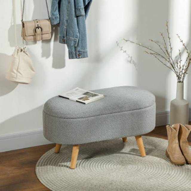 HOMCOM Charcoal Grey Teddy Fleece Ottoman Bench - 28.2 x 42.7 x 82.7cm