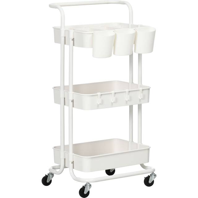 HOMCOM 3-Tier Utility Cart - Rolling Serving Trolley with Baskets and Hooks | TJ Hughes White