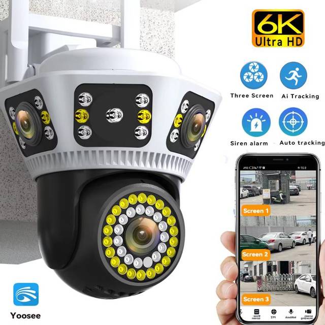 Outdoor WiFi Camera 6K Triple Screen Security Camera Two-Way Audio Motion Detection CCTV Wireless Surveillance IP Camera Yoosee 6K Camera