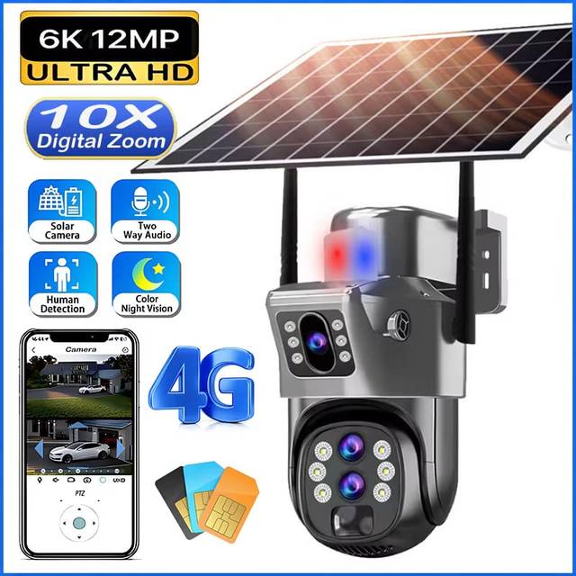 V380Pro 12MP Multi-Lens 3 Screen CCTV Camera Solar 4G WIFI Wireless Solar Panel Powered Surveillance PTZ Camera Waterproof Outdoor WiFi Cam