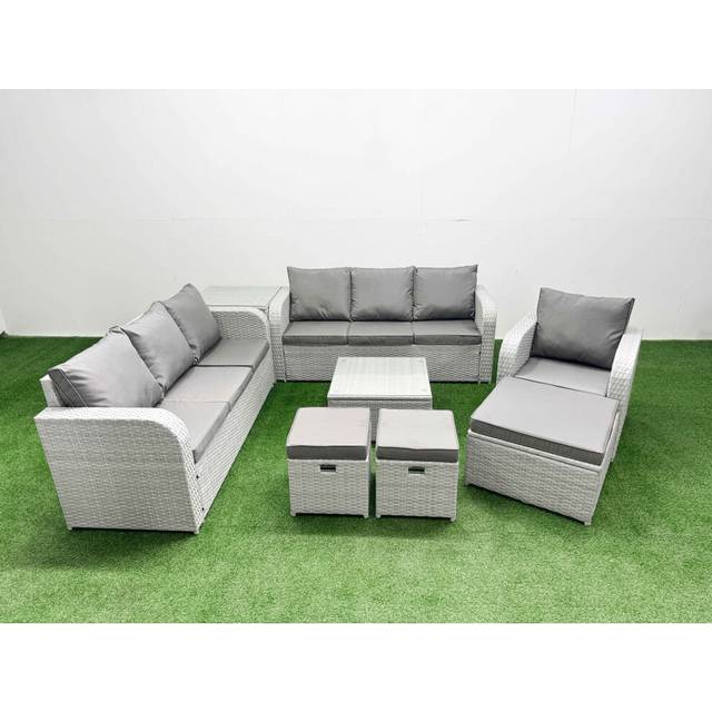 10 Seater Poly Rattan Outdoor Garden Furniture Square Coffee Table Sofa Set Patio 3 Seater Sofa Reclining Chair 3 Seater Sofa 3 Stools Side Table Ligh - Light Grey - One Size