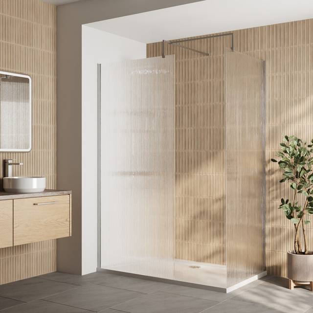 8mm Fluted Glass Walk In Wetroom Screens with Chrome Profile and White Shower Tray - 1400 x 800mm