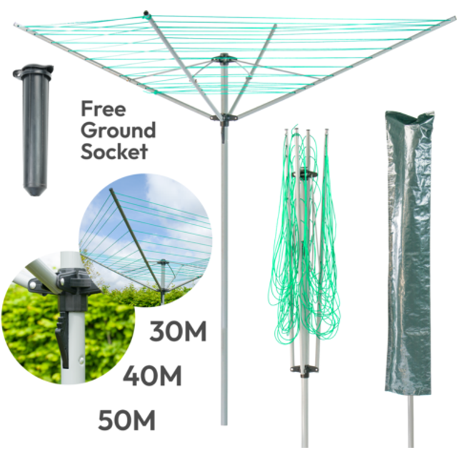 KCT 4 Arm Outdoor Rotary Washing Line - 40m Drying Area - With Ground Spike and Protective Cover