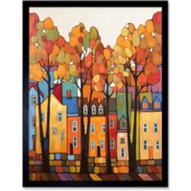 Wall Art Print Multicoloured House Street In Autumn Contemporary Folk Art Painting Art Framed - Black - W12 inch x H16 inch