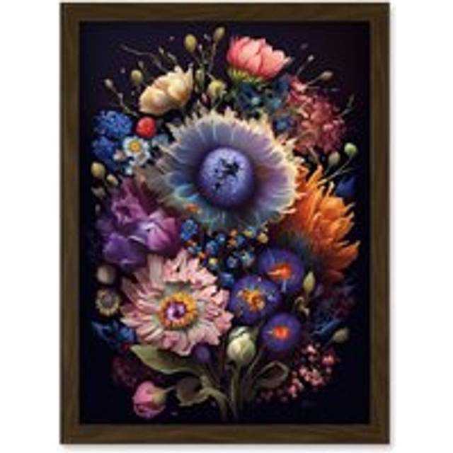 Flower Bouquet Purple Pink Orange Floral Art Artwork Framed Wall Art Print A4 - Brown - One Size