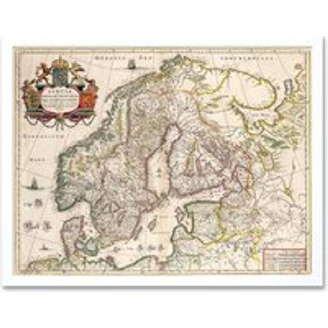 Wall Art Print Vintage Antique Map Scandinavia Norway Sweeden Finland Art Framed - White - W12 inch x H16 inch