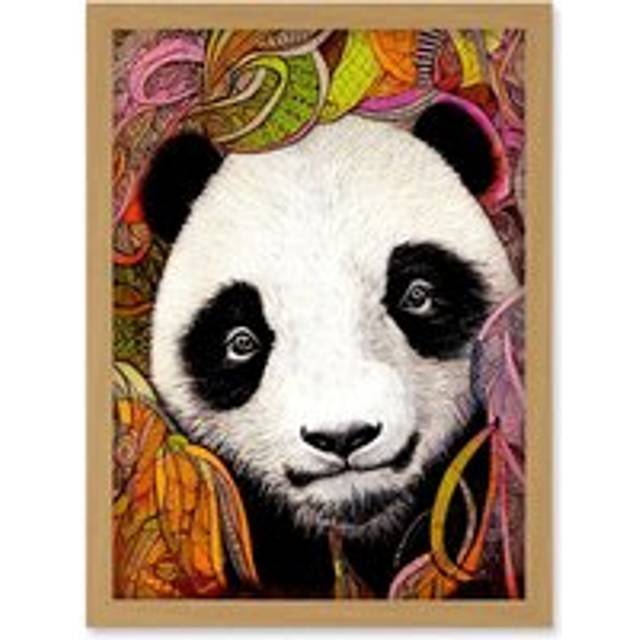 Cute Panda In Bright Colourful Pattern Jungle Leaves Illustration Artwork Framed Wall Art Print A4 - Tan - One Size
