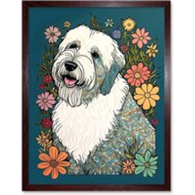 Wall Art Print English Sheepdog with Multicolour Daisies Bright Flowers Modern Art Framed - Brown - W12 inch x H16 inch