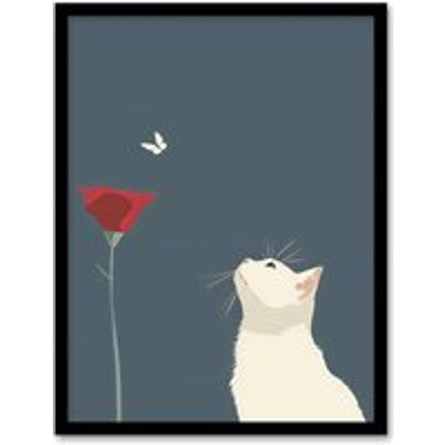 Tulip Flower and Butterfly White Cat Lover Design Framed Art Print - Grey - W12 inch x H16 inch