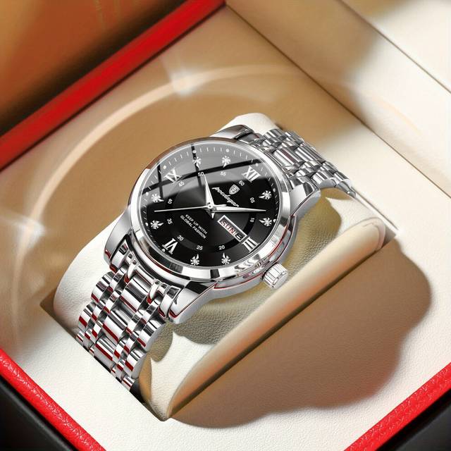 (T936 SL BK S) Poedagar Waterproof Luminous Calendar Stainless Steel Men's Wrist Watch