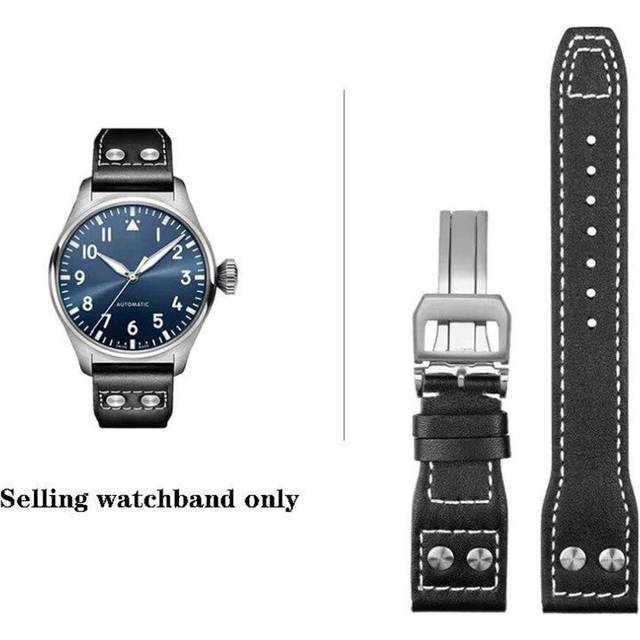 (Black-silver  22mm) High Quality Genuine Leather Rivets Watchband 21mm 22mm Fit For Iwc Big Pilot Spitfire Top Gun Brown Blue Cowhide Watch Straps