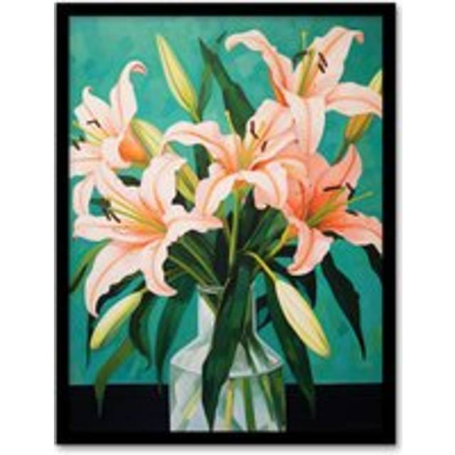 Wall Art Print Peach Lilies Oil Painting Teal Green Pink Flowers in Glass Vase Colourful Art Framed - A4