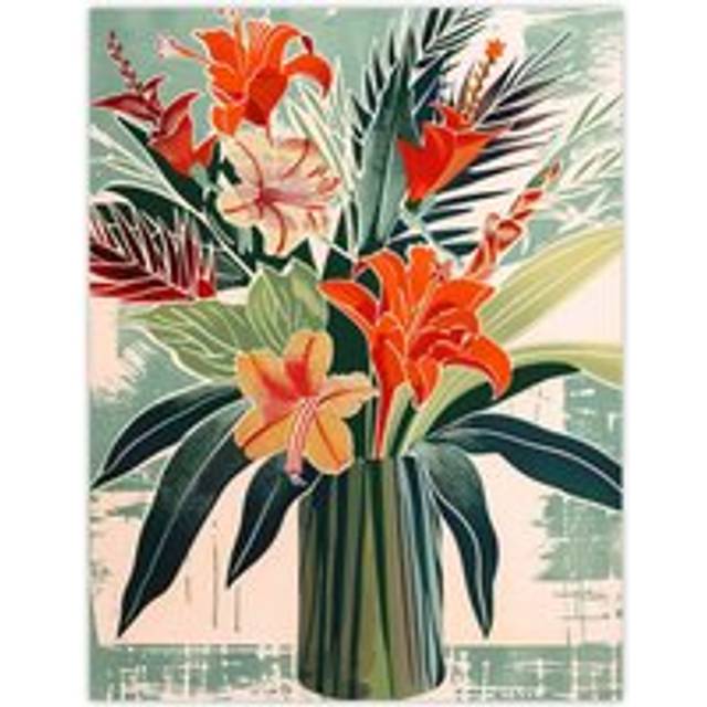 Exotic Red Orange Lily Flower Vase Floral Spring Wall Art Print - Multi - W12 inch x H16 inch