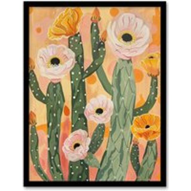Pastel Pink Cactus Flower Blossom Painting Soft Framed Art Print - Orange - W12 inch x H16 inch