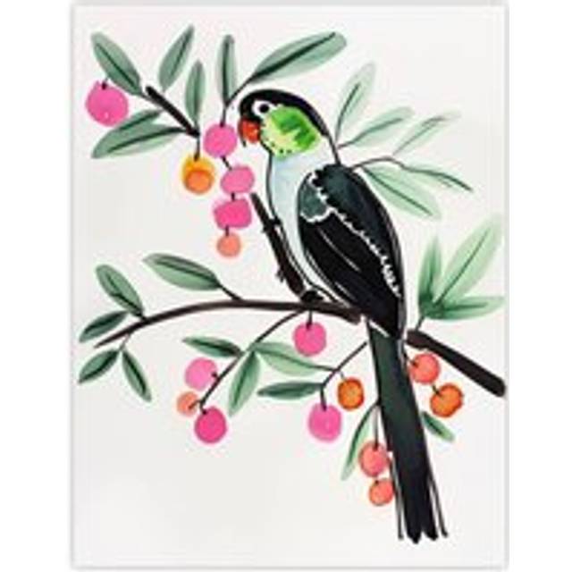 Parrot Bird Pink Green Fruit Tree Branch Bright Wall Art Print - W12 inch x H16 inch