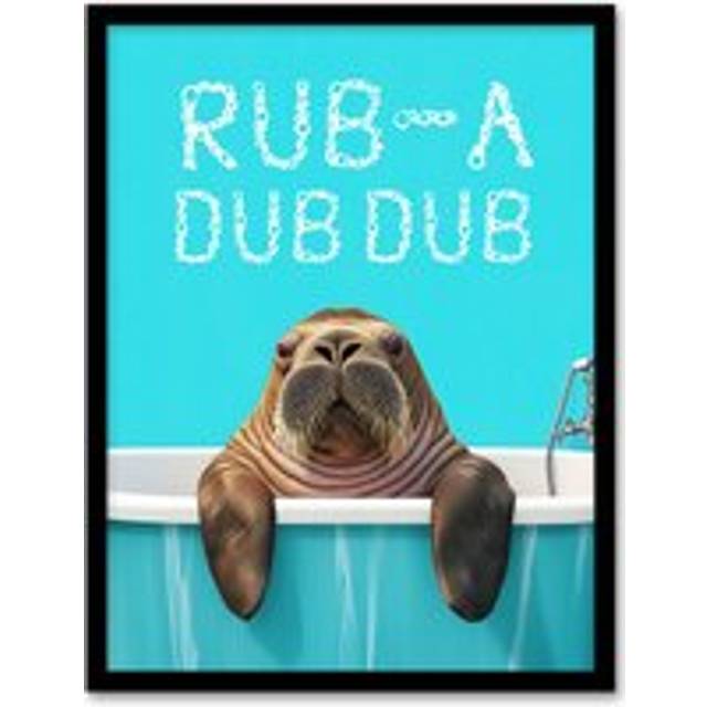 Walrus in Bathtub Bath Time Rub A Dub Funny Framed Art Print - Blue - A4