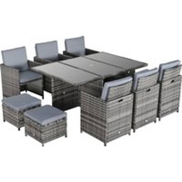 Outsunny Outdoor 11pc Rattan Garden Furniture Patio Dining Set 10-seater Cube Sofa Weave Wicker 6 Chairs 4 Footrests & 1 Table Mixed Grey