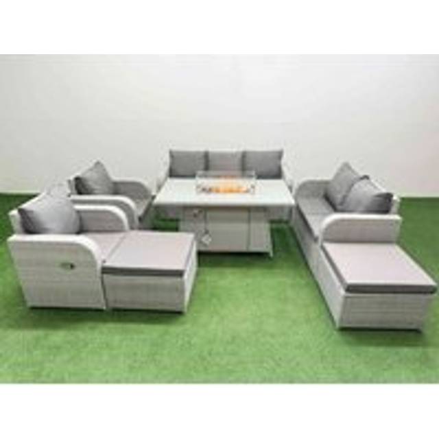 Loveseat Sofa With 2 Reclining Chairs, 3 Seater Sofa, Firepit Dining Table & 2 Stools | Wowcher - Grey