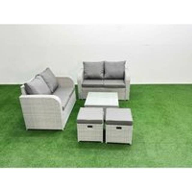 Fimous - 6 Seater Outdoor Love Sofa Set Rattan Garden Furniture Set with Square Coffee Table 2 Small Stools Light Grey