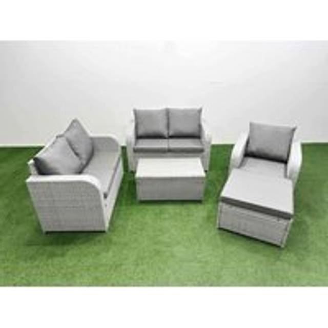 Fimous High Back Poly Rattan Garden Furniture Set with Rectangular Coffee Table Indoor Outdoor Patio  Set Big Stool Light Grey