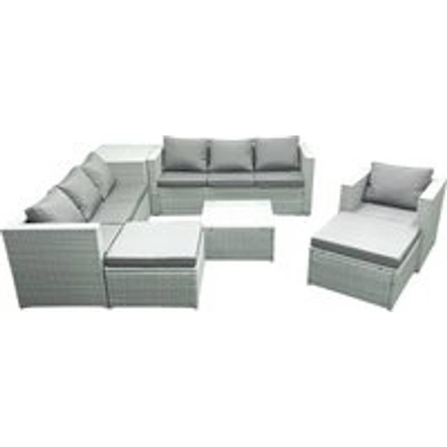 Wicker pe Rattan Sofa Garden Furniture Set with Armchair Square Coffee Table 2 Big Footstools Side Table Light Grey Mixed - Fimous
