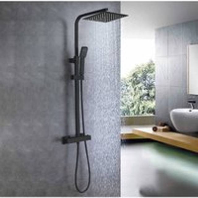 Aica Thermostatic Exposed Shower Mixer Bathroom Twin Head Large Square Bar Set Black