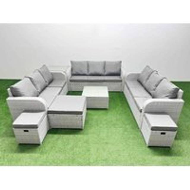 Fimous - pe Rattan Lounge Sofa Set 12 Seater Outdoor Garden Furniture Set with Square Coffee Table 3 Seater Sofa 3 Stools Side Table Light Grey