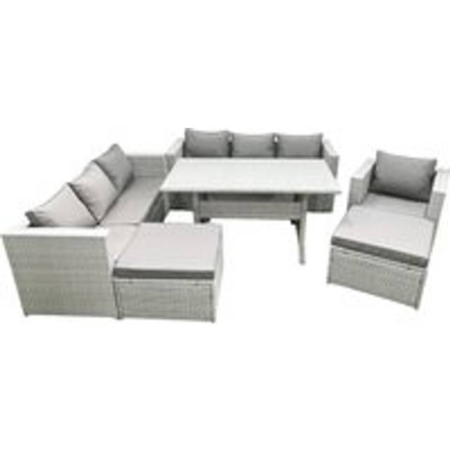Fimous 7 Pieces Outdoor Rattan Sofa Set with Cushions Patio Garden Furniture Sets with Armchair Dining Table 2 Big Footstools