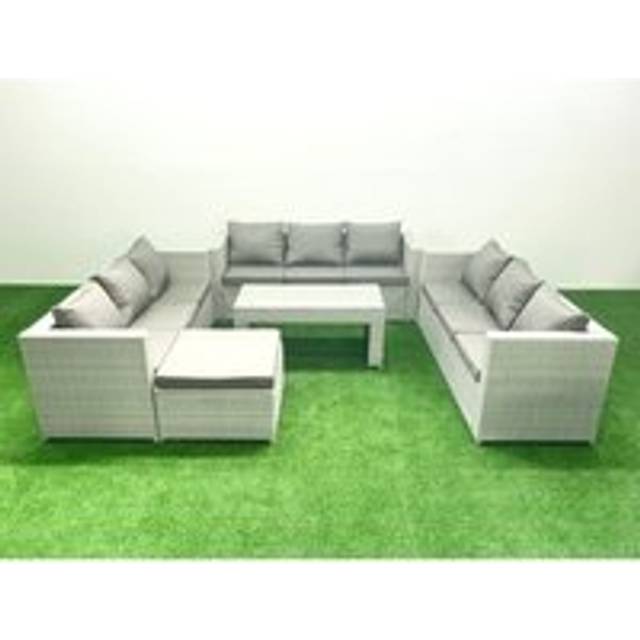 Rattan Garden Outdoor Furniture Set 10 Seater Garden Sofa Oblong Coffee Table Set with Big Footstool Light Grey Mixed - Fimous
