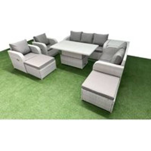 Fimous PE Rattan Garden Furniture Set  Adjustable Lifting Dining or Coffee Table 2 Big Footstool Side Table Light Grey