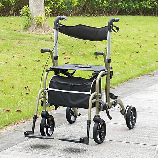 HOMCOM 2 in 1 Wheelchair & Folding Rollator Walker with Seat, Footrest Combo, Storage Bag, Adjustable Height, 4 Wheeled Walker, Yellow-green