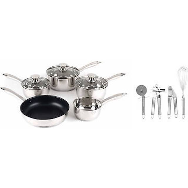 Russell Hobbs COMBO-7550A Classic Collection 5 Piece Pan Set, 14/16/18/20/24 cm and 4-Piece Stainless Steel Kitchen Tool Set, Silver