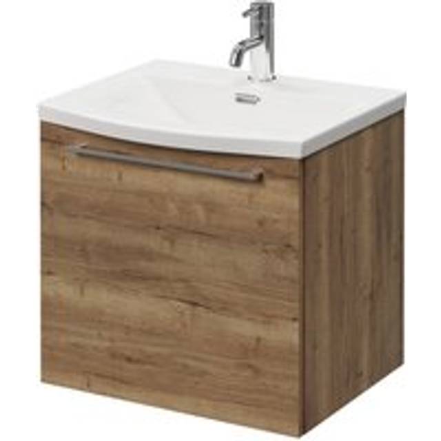 Napoli Wall Mounted Vanity Unit with 1 Tap Hole Curved Basin and Single Drawer with Chrome Handle | Tobacco Oak | MDF | 500mm