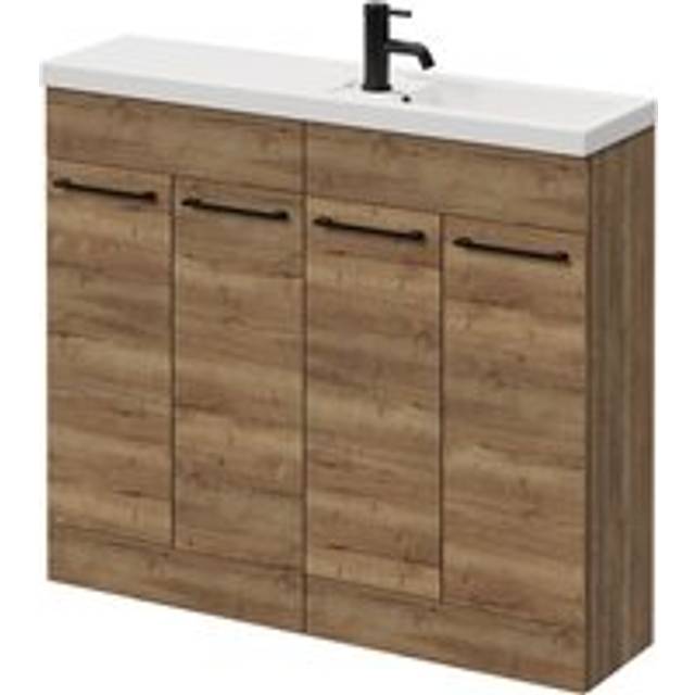 Napoli Combination Floor Standing Vanity Unit with Slimline 1 Tap Hole Basin and 4 Doors with Matt Black Handles | Tobacco Oak | MDF | 1000mm