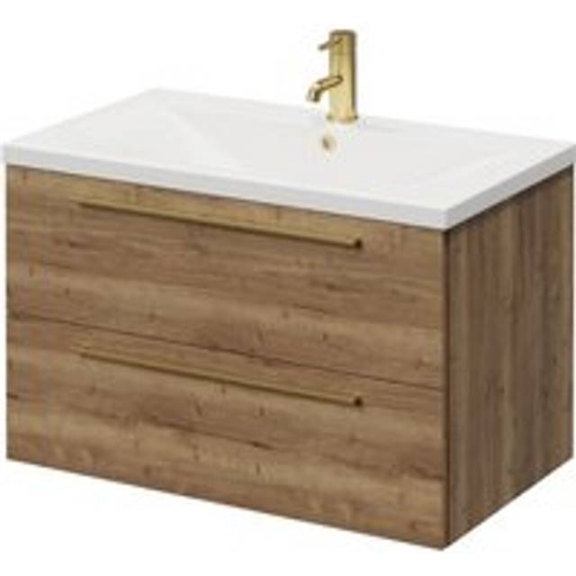 Napoli Wall Mounted Vanity Unit with 1 Tap Hole Glide Basin and 2 Drawers with Brushed Brass Handles | Tobacco Oak | MDF | 800mm