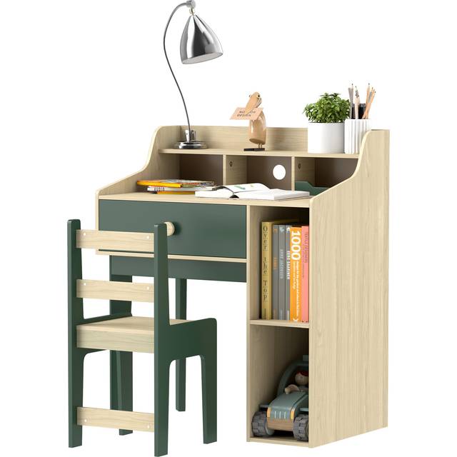 AIYAPLAY Kids Desk and Chair Set with Storage Shelves, Drawer, Green, Green