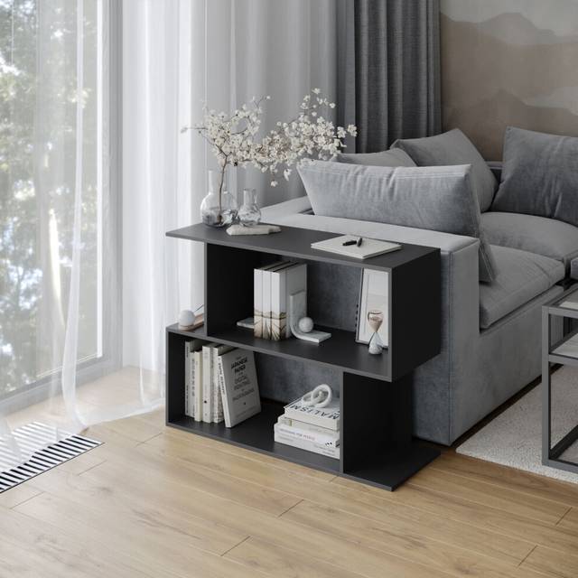 (Black, 80cm) 2 Tier Modern Bookcase Irregular Storage Shelf Wooden Shelving Unit Display Organiser