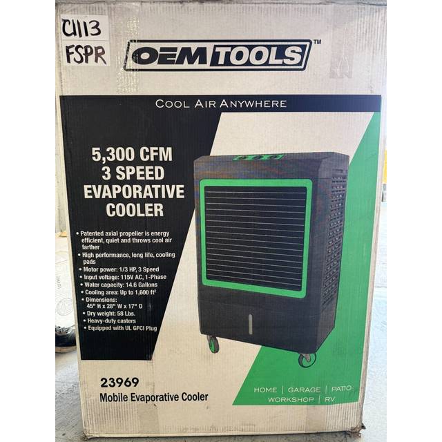 OEMTOOLS 23968 3-Speed Evaporative Cooler  Green and Gray  Cools Up to 950 Square Feet  3100 CFM  Portable Cooler Fan