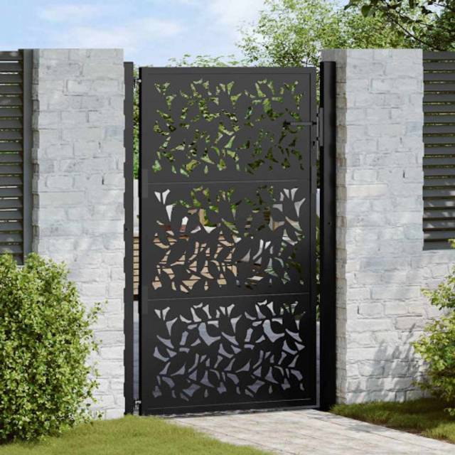 vidaXL Garden Gate Black 105x155 cm Steel Leaf Design