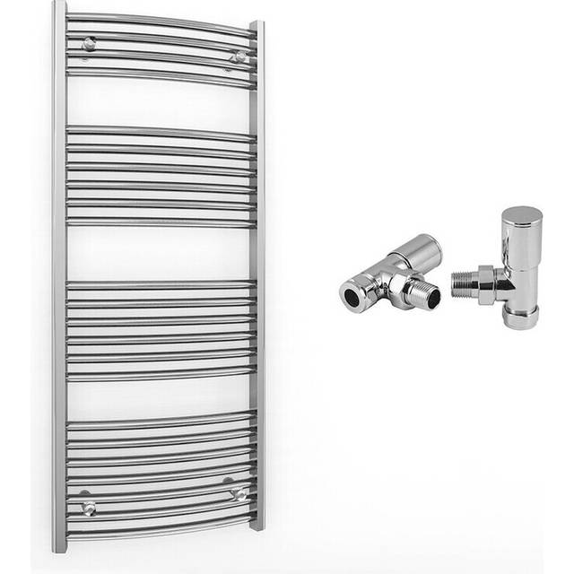 (600 x 1200 mm (BTU: 1528), With Angled Valves) 600mm Wide Chrome Curved Towel Rail Radiator With Valves